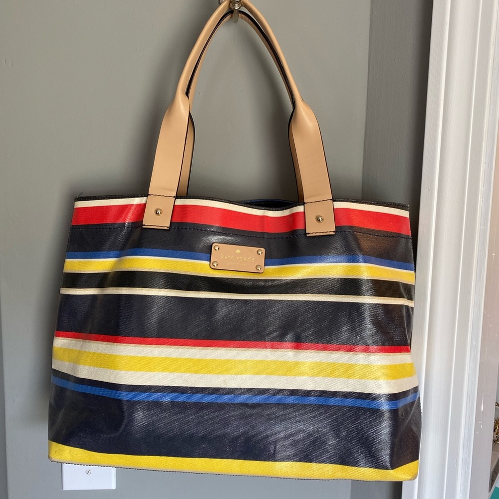 Kate Spade coated canvas tote bag. Navy stripe in good condition.